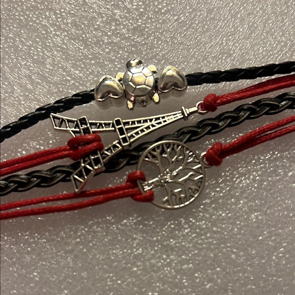 Red and Black Multi-Strand Bracelet with Charms, turtle, Eiffel Tower, tree. - Picture 2 of 2